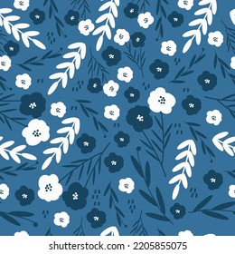 Vintage pattern. White and dark flowers, leaves. blue background. Seamless vector template for design and fashion prints.