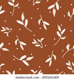 Vintage pattern. White plants, leaves. Brown background. Seamless vector template for design and fashion prints.