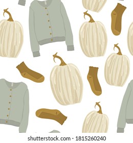 Vintage pattern with white pumpkins, grey blue sweater and green khaki socks. October print art. Set of autumn clothing on isolated background. Vector flat cold color palette. 