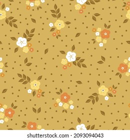 Vintage pattern. white, yellow and orange flowers and mustard leaves. yellow background. Seamless vector template for design and fashion prints.
