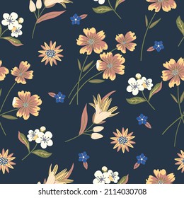 Vintage pattern with wild flowers and cute details on a blue background