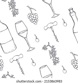 Vintage pattern of wine bottles, glasses and grapes on white background.