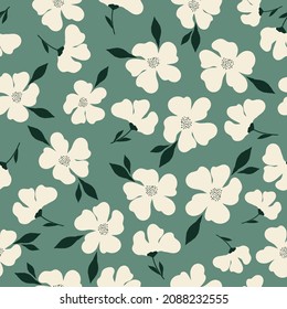 Vintage-Muster. Wunderschöne weiße Blumen, dunkelgrüne Blätter. hellgrüner Hintergrund. Nahtlose Vektorvorlage für Design- und Modedrucke.