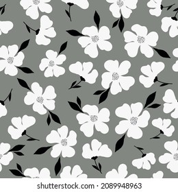 Vintage pattern. wonderful white flowers and black leaves. gray background. vector texture. fashionable print for textiles and wallpaper,packaging.