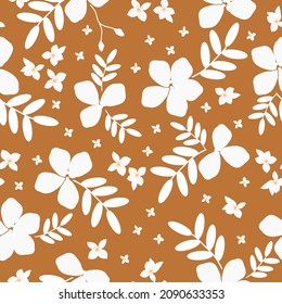 Vintage pattern. Wonderful white flowers and leaves. terracotta background. Seamless vector template for design and fashion prints.
