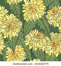 Vintage pattern with yellow flowers. Illustration with yellow marigolds and leaves.