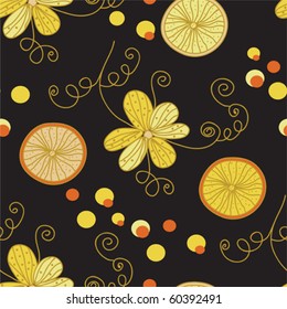 Vintage pattern with yellow flowers and lemon