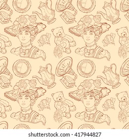 Vintage pattern. Young Lady in her hat, teddy bear, gramophone, tea set and flowers. Vector seamless pattern (background).