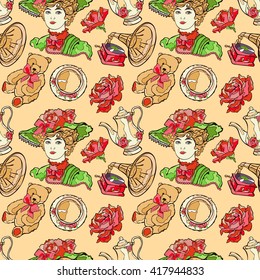 Vintage pattern. Young Lady in her hat, teddy bear, gramophone, tea set and flowers. Vector seamless pattern (background).