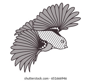 Vintage patterned bird in flight with outstretched wings, zentangle page for adults coloring book black and white