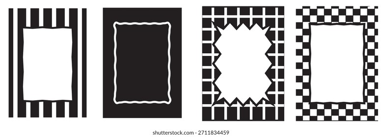 Marcos estampados de Antiguas para diseños decorativos retro. Colección de cinco fondos estampados de estilo retro con marcos festoneados y ondulados, con cuadros, flores, rayas.
