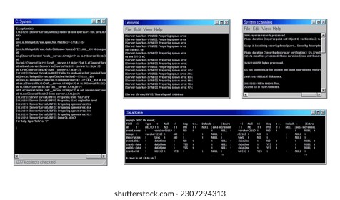 Vintage PC Software Windows Schnittstelle. Popup-Fenster des Desktop-Computers mit alten Betriebssystemen, Kommando-App-Bildschirm oder Kontrollfeld-Nachrichtenvektorrahmen mit Codezeile, Download und Installation von Daten