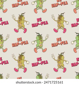 vintage pea retro cartoon character seamless pattern