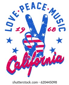 Vintage Peace Sign Hand Graphic with Typography.United States Flag. Lettering 'Love, Peace, Music - California ' Vector Illustration. Apparel Print. T shirt print