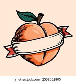 Vintage peach fruit illustration with ribbon banner