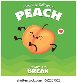 Vintage peach poster design with vector peach character.