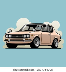A vintage peach-colored car with classic design elements against a light blue background
