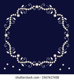 Vintage pearl frame vector illustration. Pearl frame with decorative elements isolated on blue background. Luxury pearl border and corner for wedding, decoration, banners, cards or invitation