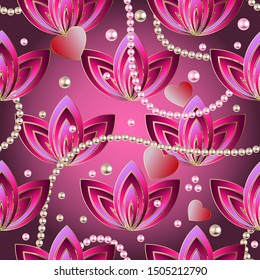 Vintage pearl necklaces 3d vector seamless pattern. Floral pink ornamental background. Jewelry ornament. Love hearts. Red flowers, gemstones, pearls. Repeat ornate decorative backdrop. Romantic design