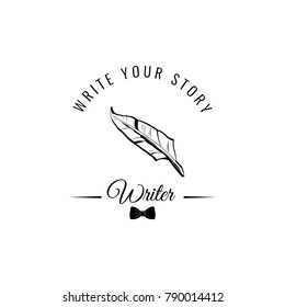 vintage pen, feather writer symbol with bow tie, retro literature icon, vector illustration isolated on white background