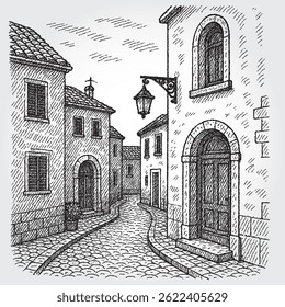 Vintage pen-and-ink illustration of a historic European town street