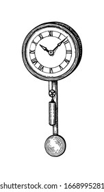 Reloj de péndulo vintage. Esbozo de tinta aislado en fondo blanco.  Ilustración vectorial dibujada a mano. Estilo retro.