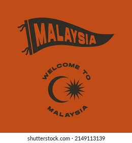 Vintage pennant Malaysia. Retro colors labels. Vintage hand drawn wanderlust style. Isolated on white background. Good for t shirt, mug, other identity. 