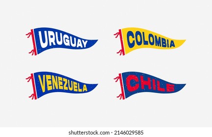 Vintage pennant of the Uruguay, Colombia, Venezuela, Chile. Retro colors labels. Vintage hand drawn wanderlust style. Isolated on white background. Good for t shirt, mug, other identity. 