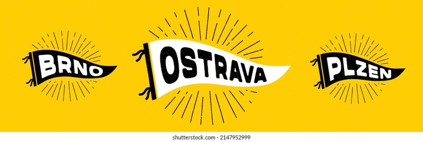 Vintage pennants Brno, Ostrava, Plzen. Retro colors labels. Vintage hand drawn wanderlust style. Isolated on white background. Good for t shirt, mug, other identity. 