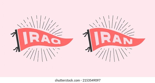 Vintage pennants Iran, Iraq. Retro colors labels. Vintage hand drawn wanderlust style. Isolated on white background. Good for t shirt, mug, other identity. 