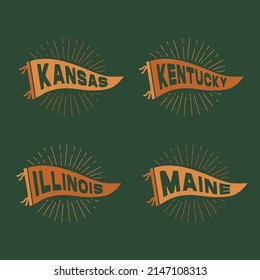 Vintage pennants Kansas, Kentucky, Illinois, Maine. Etiquetas de colores retro. Estilo vagabundo dibujado a mano vintage. Aislado sobre fondo blanco. Bien por camiseta, taza, otra identidad. 