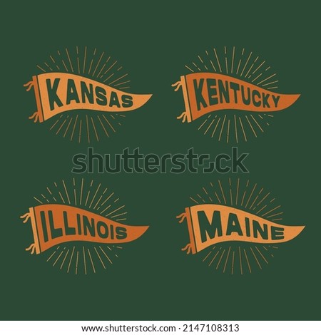 Vintage pennants Kansas, Kentucky, Illinois, Maine. Retro colors labels. Vintage hand drawn wanderlust style. Isolated on white background. Good for t shirt, mug, other identity. 