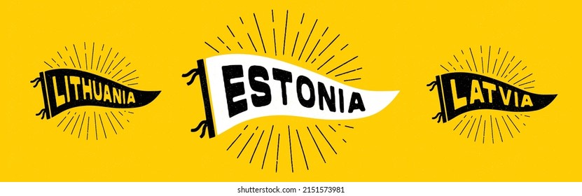 Pendientes de época Lituania, Letonia, Estonia. Etiquetas de colores retro. Estilo vagabundo dibujado a mano vintage. Aislado sobre fondo blanco. Bien por camiseta, taza, otra identidad. 