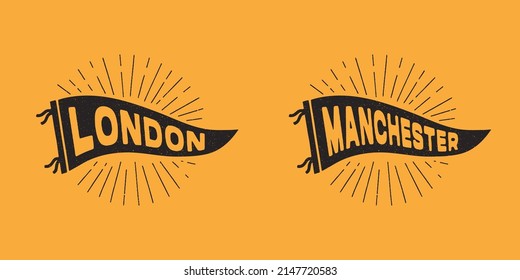 Vintage pennants London, Manchester. Retro colors labels. Vintage hand drawn wanderlust style. Isolated on white background. Good for t shirt, mug, other identity. 