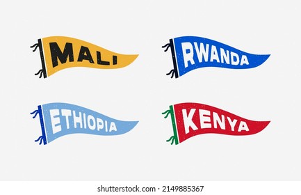 Vintage pennants Mali, Rwanda, Ethiopia, Kenya. Retro colors labels. Vintage hand drawn wanderlust style. Isolated on white background. 