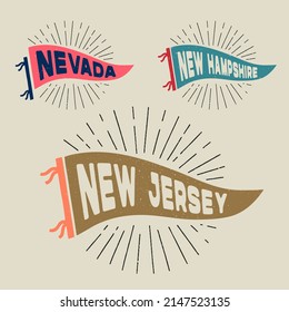 Vintage pennants Nevada, New Hampshire, New Jersey. Retro colors labels. Vintage hand drawn wanderlust style. Isolated on white background. Good for t shirt, mug, other identity. 