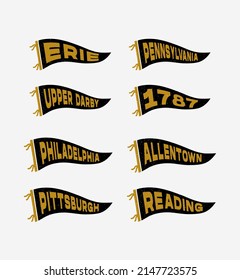 Vintage pennants Philadelphia, Allentown, Pittsburgh, Reading, Erie, Pennsylvania, Upper Darby, 1787. Retro colors labels. Vintage hand drawn wanderlust style. Isolated on white background. 