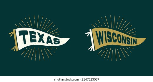 Vintage pennants Texas, Wisconsin. Retro colors labels. Vintage hand drawn wanderlust style. Isolated on white background. Good for t shirt, mug, other identity. 