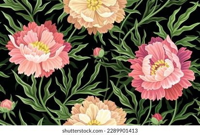 Vintage peonies seamless pattern. Repeating design element for printing on fabric. Aesthetic and elegant ornate with blossom flowers, blooming plants and green leaves. Cartoon flat vector illustration