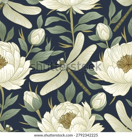 Vintage Peony And Dragonfly Seamless Pattern Whimsical Botanical Garden Elegant Vector Background