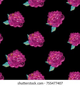Vintage peony embroidery seamless pattern. Bright traditional illustration on black background for fabric design in watercolor style.