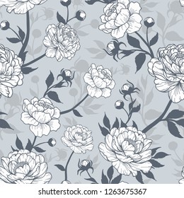 Vintage peony flower with buds and leaves. Cartoonish and monochromatic style. Vector illustration. Perfect for print, textile, cards and apparel.