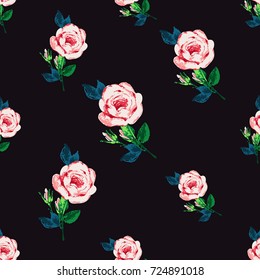 Vintage peony flower vector seamless pattern in watercolor style. Beautiful floral Illustration on black background.