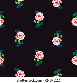 Vintage peony flower vector seamless pattern in watercolor style. Beautiful floral Illustration on black background.