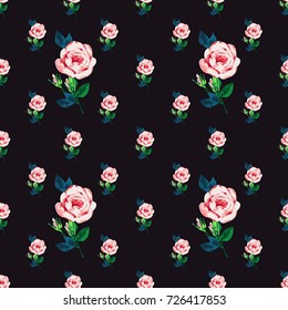 Vintage peony flower vector seamless pattern in watercolor style. Beautiful floral Illustration on black background.