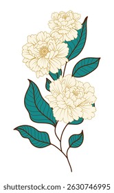 Vintage Peony Painting, Cream Color, Green Leaves, Minimalist and Vintage Flower Lines