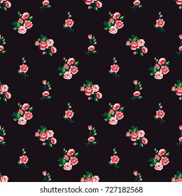 Vintage peony and rose flowers bouquet vector seamless pattern in watercolor style. Beautiful floral Illustration on black background.