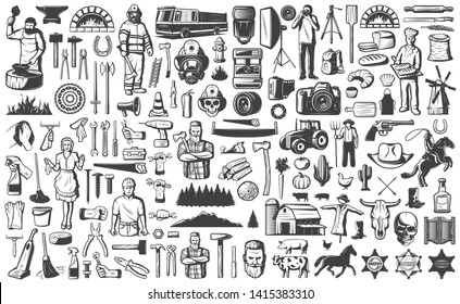 Vintage people professions elements set with blacksmith firefighter photographer baker farmer maid builder repairman tools and equipment isolated vector illustration