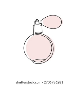Botella atomizadora de perfume Antiguas con bombilla. Vector de arte de línea minimalista. Perfecto para belleza, cosméticos, marca de fragancias, moda retro, embalaje de productos de lujo.