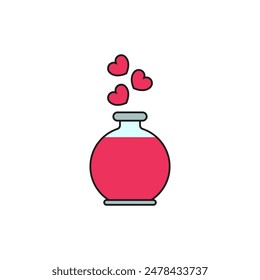 Vintage perfume bottle with hearts and aroma. Colored vector icon. Isolated illustration on white background.